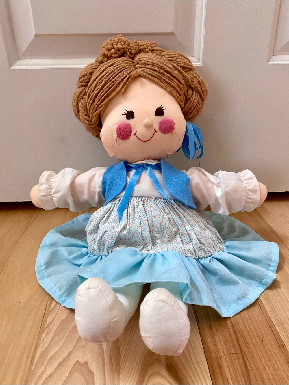 Rag Doll with Yarn Hair and Blue Dress 20”